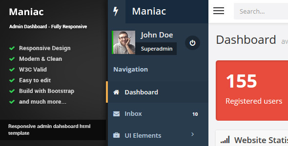 Maniac - 漂亮的Bootstrap管理主题模板 深蓝风格后台1409