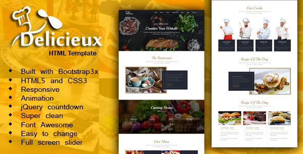 Delicieux - 响应式兼容手机端餐厅美食HTML5网站界面模板Bootstrap框架4366