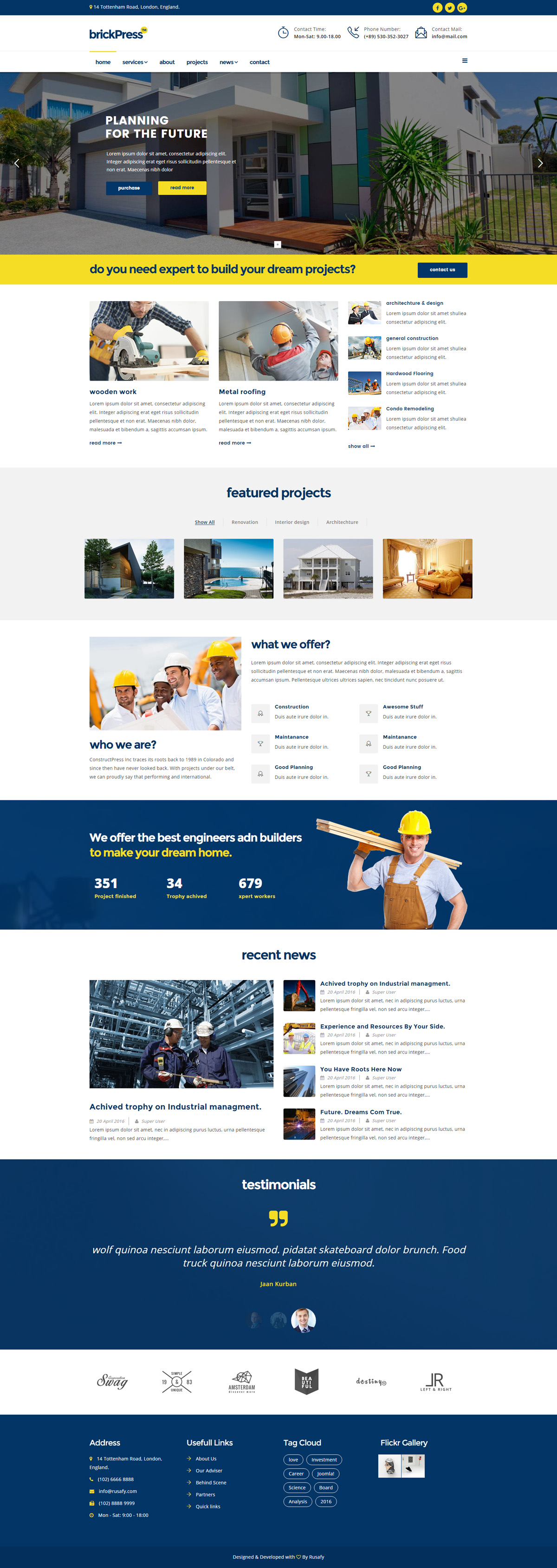 很漂亮的响应式企业HTML模板_蓝色建筑工程公司HTML5网站模板 - brickPress4521