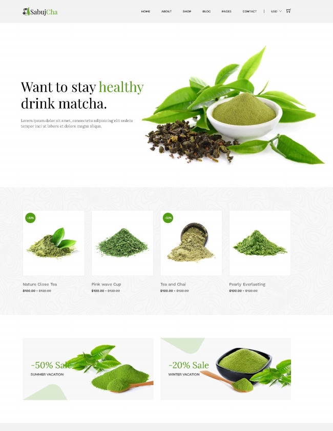 绿茶茶叶抹茶粉在线销售HTML5网站模板8320