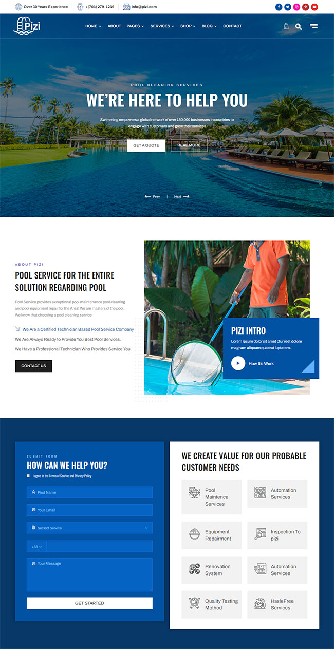 藍色游泳池清潔服務網頁模板8067